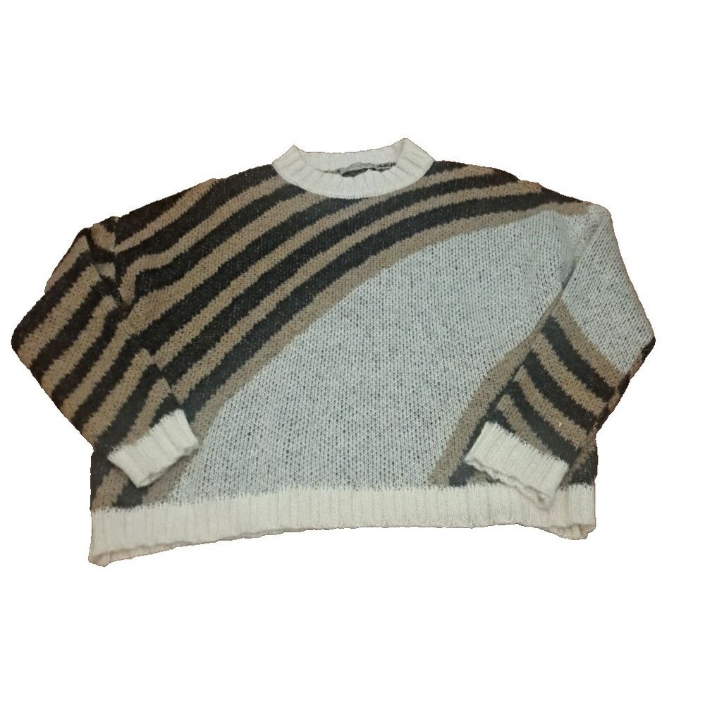 Womens Vintage Italian Knit Sweater Mohair Brown Black Striped Gray Retro M